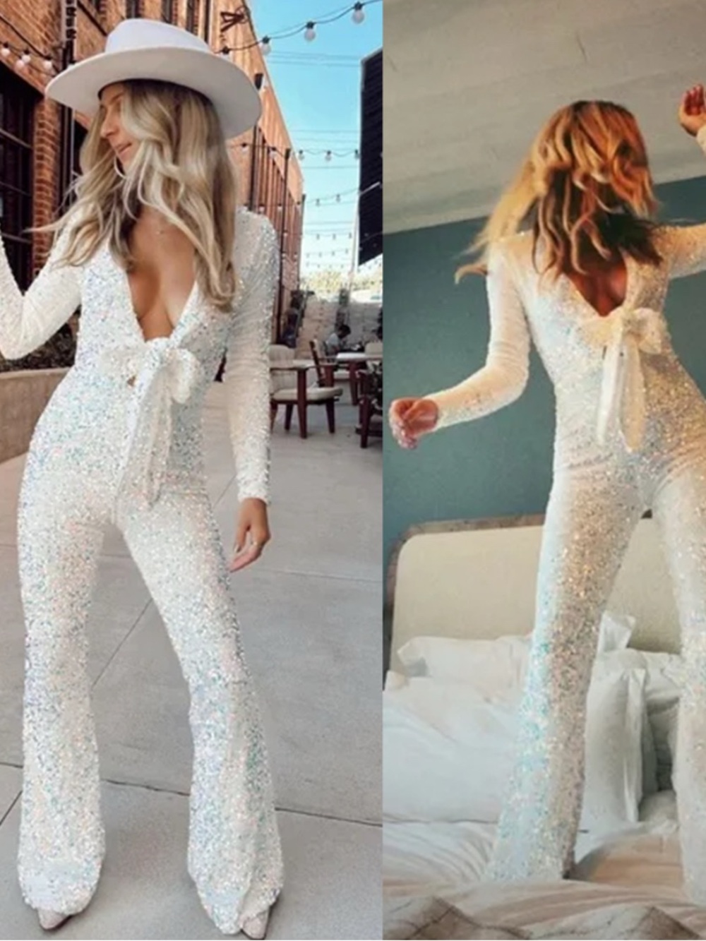 Show Me Your Mumu Martina Sequin Jumpsuit White Iridescent Sparkle Sequins